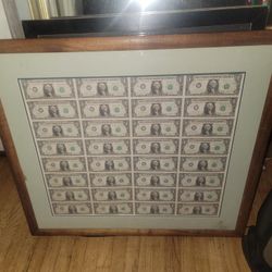 U.S. Treasury One Dollar Bill Sheet. 32 - $1 Bill Uncut Sheet, Framed