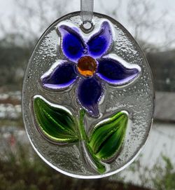 Oval Stained Glass Purple Flower Sun Catcher