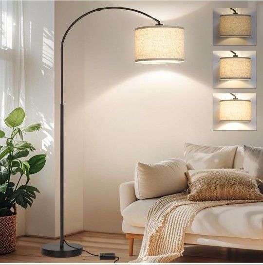 Dimmable Floor Lamp, Arc Floor Lamp with Dimmer, Black Standing Lamp with Adjustable Hanging Shade, Over Couch Tall Reading Light, Modern Pole Lamp fo