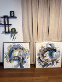 2 LARGE PAINTINGS 39” x 39” GOLD FRAMES