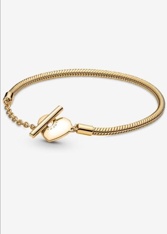 Pandora Moments Heart T-Bar Snake Chain Bracelet 14K gold plating size 6.7"