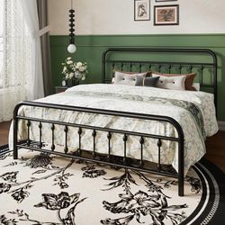King Metal Bed Frame with Victorian Iron-Art Headboard, Black Victorian Iron-Art Headboard and Footboard, Easy Assembly, Under Bed Storage, No Box Spr