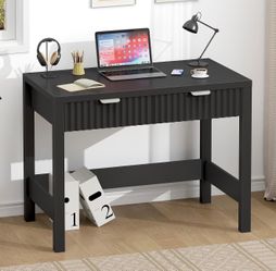32 Inch Small Fluted Computer Desk with 2 Drawers — Black