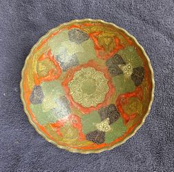 Vintage Brass Bowl, Scalloped Edge, Etched And Enamel Painted Floral Design