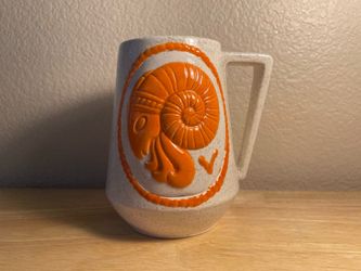 Vintage 1974 Handmade Orange Zodiac Aries Ram Astrology Speckled Cream White Glaze XL Ceramic Mug