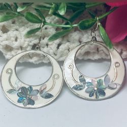 Abalone Hoops, Mother of Pearl Inlay Earrings