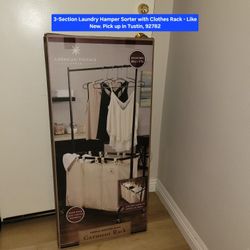 3-Section Laundry Hamper Sorter with Clothes Rack - Like New