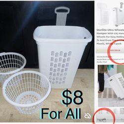 $8 For All Laundry Basket in wheels and handle to pull and 2 baskets