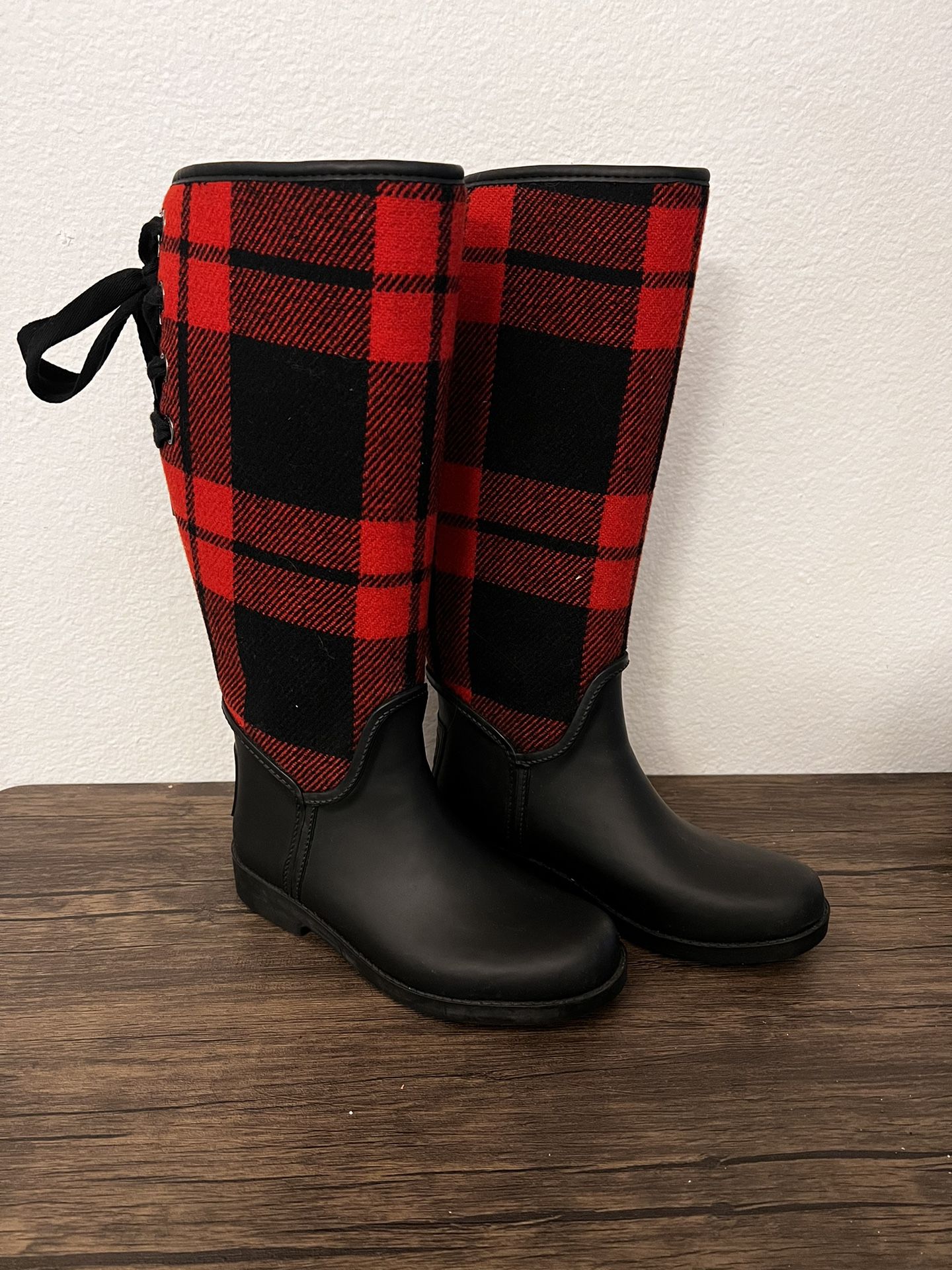 Coach Tristee Rain Boots, Red/Black Buffalo Plaid, Women’s Size 6B Fleece-Lined