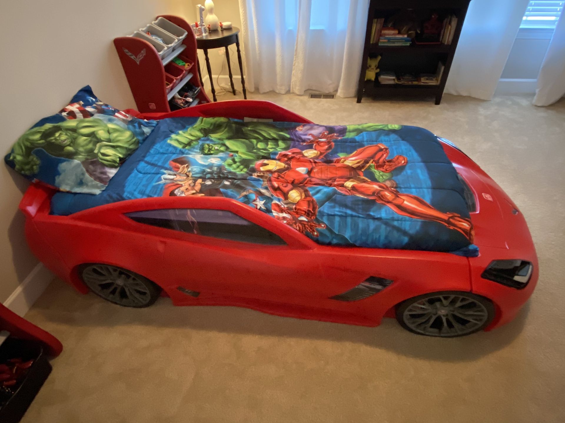 Ferrari car twin bed + toy storage bins