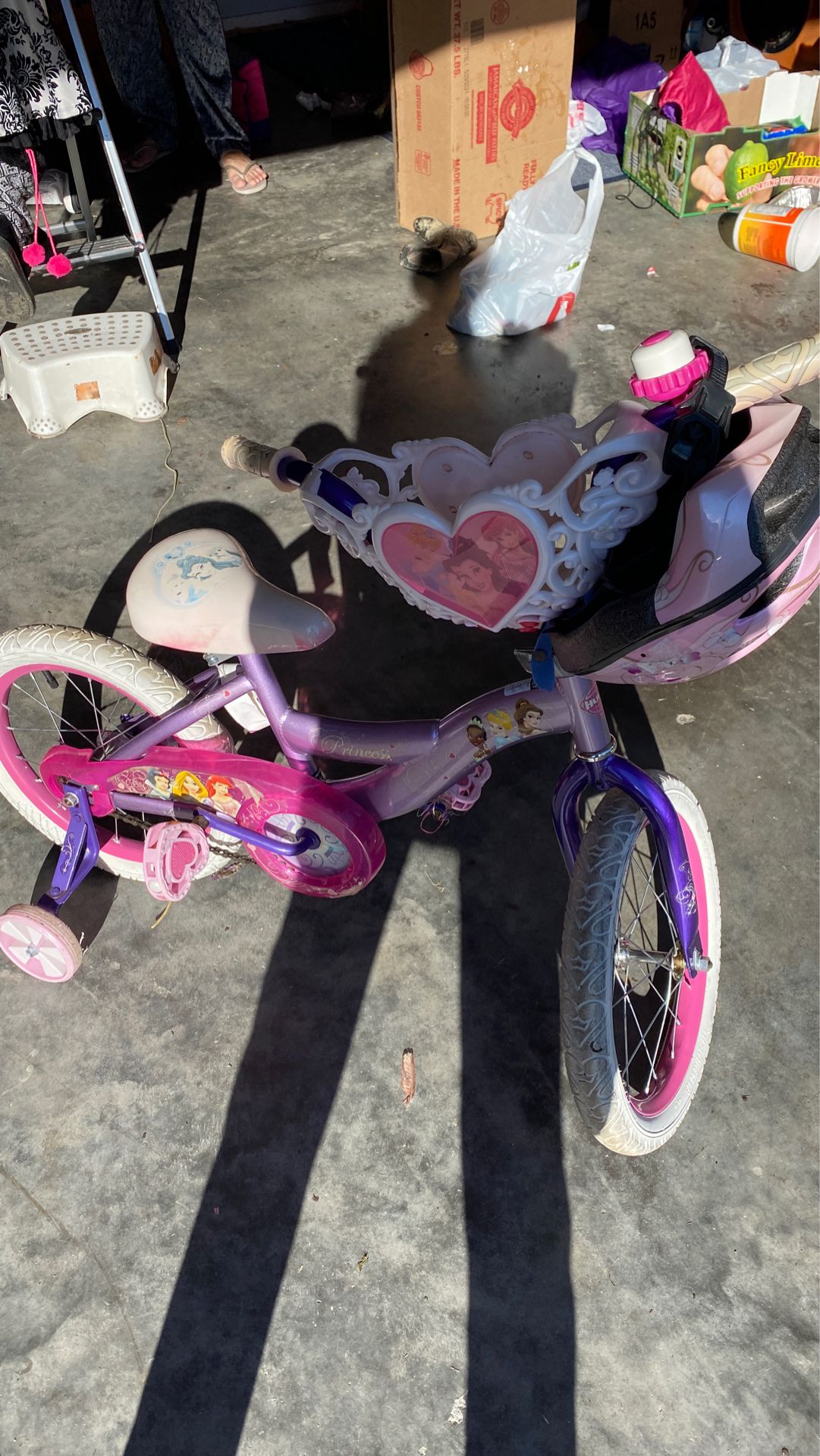 Girls princess bike with helmet and training wheels