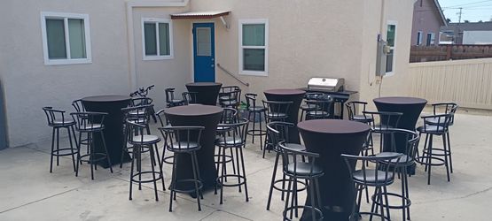 30" cocktail tables, spandex tablecloths, bar stools, umbrellas