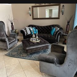 Velvet Hemisphere Sofa With 2 Wing Chairs  