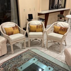 3 Wicker Chairs With Cushions & Pillow