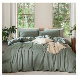 MooMee Bedding Duvet Cover Set 100% Washed Cotton Linen Like Textured Breathable Durable Soft Comfy (Heathered Green, Queen 90"x90")