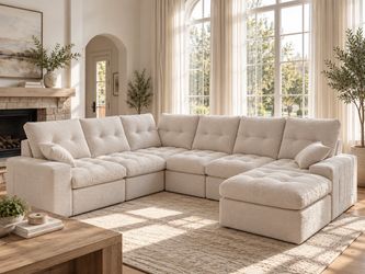 100% Brand New in box Beige 7 Seats Sectional Couch Sofa, High Back Boneless Cloud Couch with Ottoman 7-Seater Modular Sectional Sofa