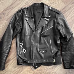 Vintage Motorcycle Biker Jacket 100% Genuine Leather Punk Rock