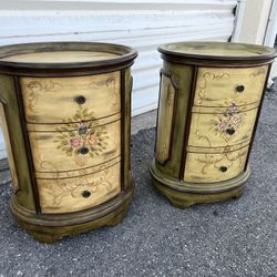 Pair of Antique Style Three Drawer Oval Storage Chest End Tables! Good condition, light cosmetic wear.  21x17x28in