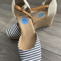 White Mountain Mamba Navy White Striped Espadrille Wedge Sandals Sz 7.5 New