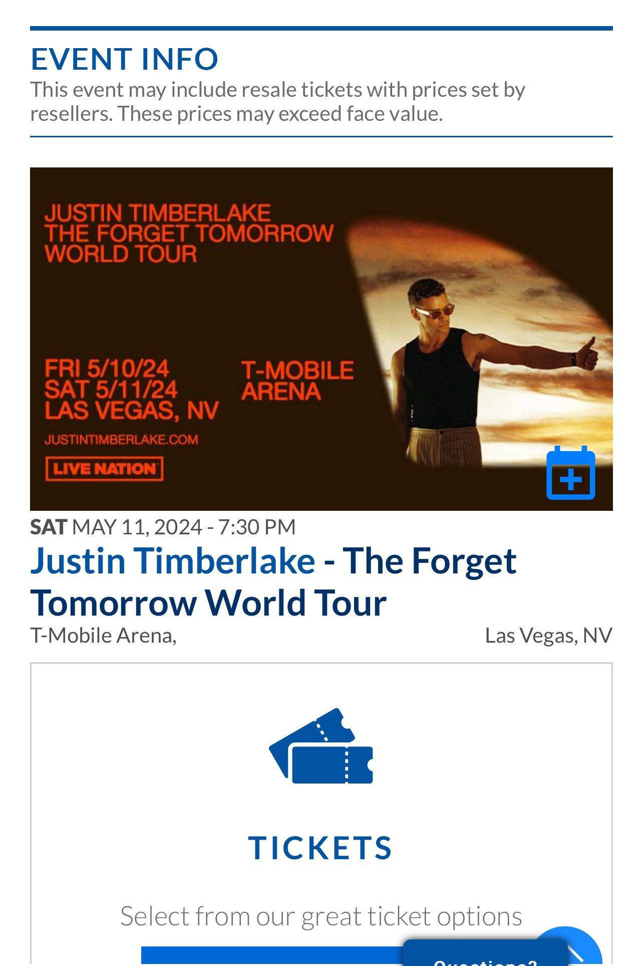 2 Tix For Justin Timberlake Saturday May 11th T Mobile arena