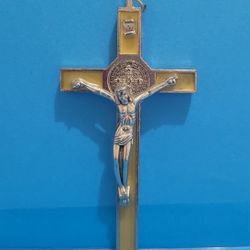Saint Benedict Yellow Enamel Gold Wall Cross Crucifix 4" Religious Gift Decor.