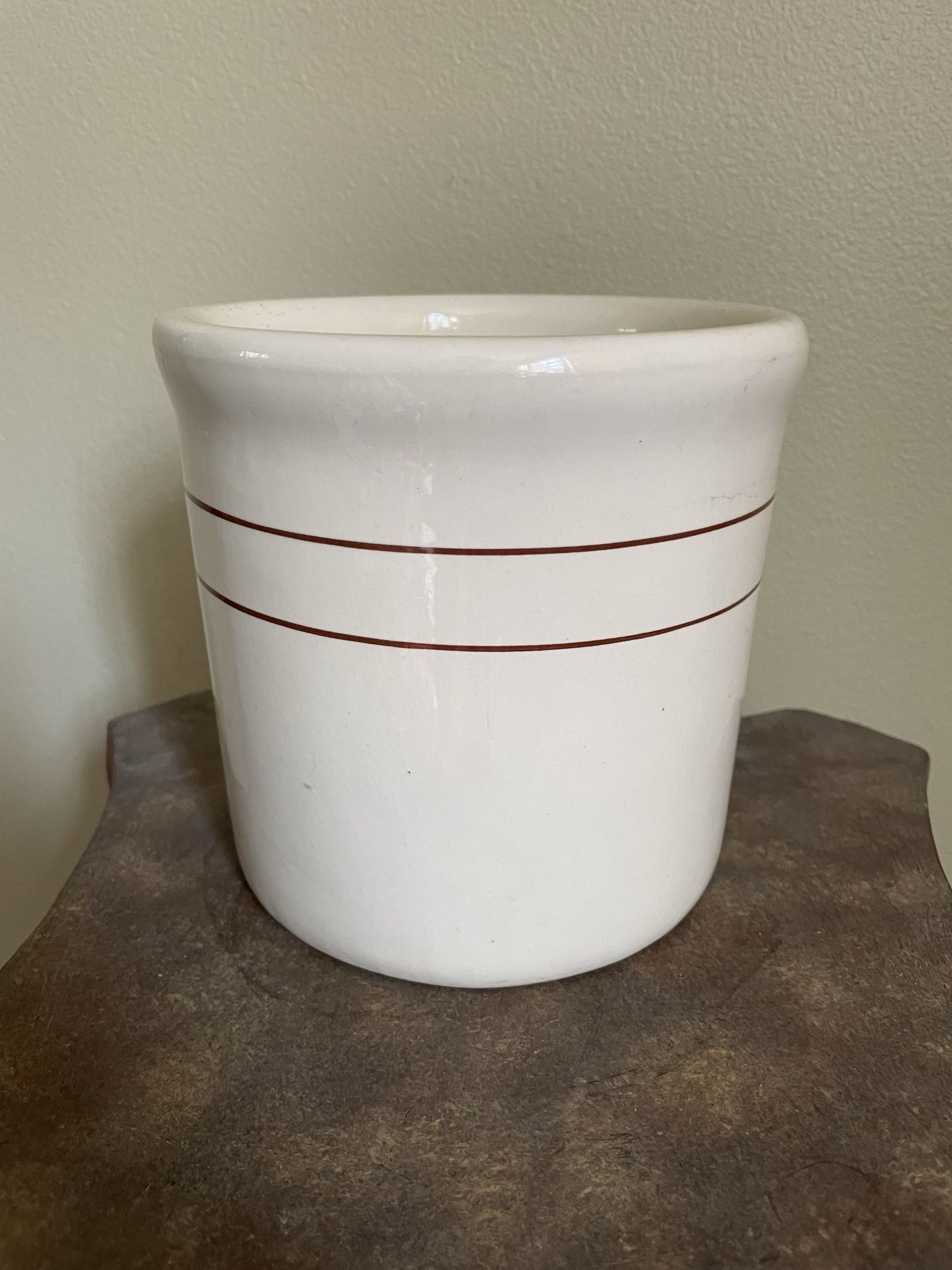 Vintage Crock with 2 thin Brown Strips 