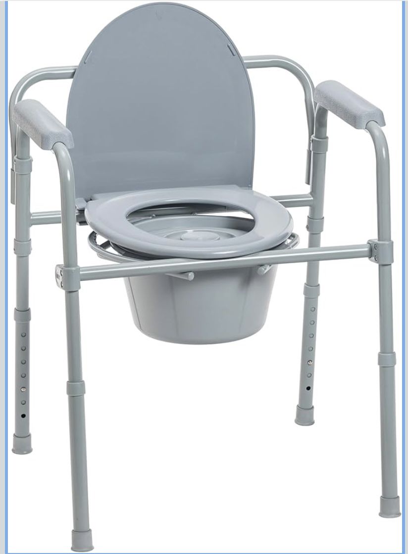 Drive Medical 11148-1 Folding Steel Bedside Commode Chair, Portable Toilet, Supports Individuals Weighing Up To 350 Lbs, with 7.5 Qt. Bucket and 13.5
