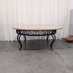Oval Pink Speckled Granite Coffee Table with Wood Base