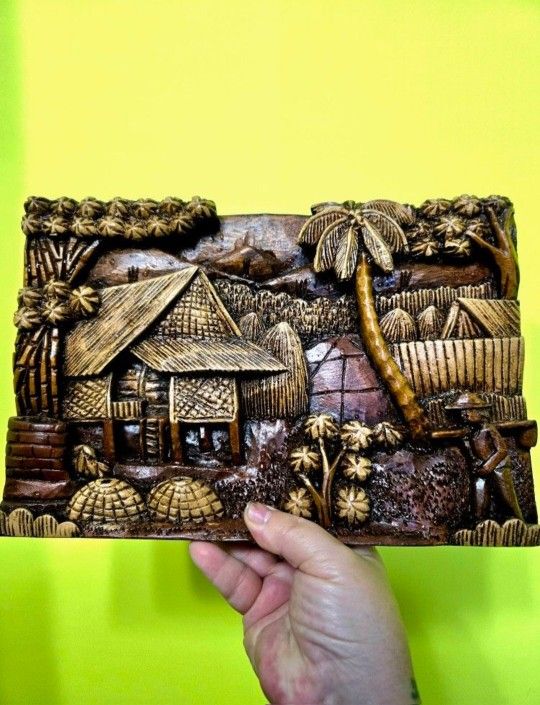 Vintage Thailand Village Wood Hand Carved Wall Art 12"×8" Check My Other Listings