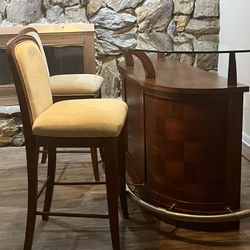 Wooden bar set with two stools