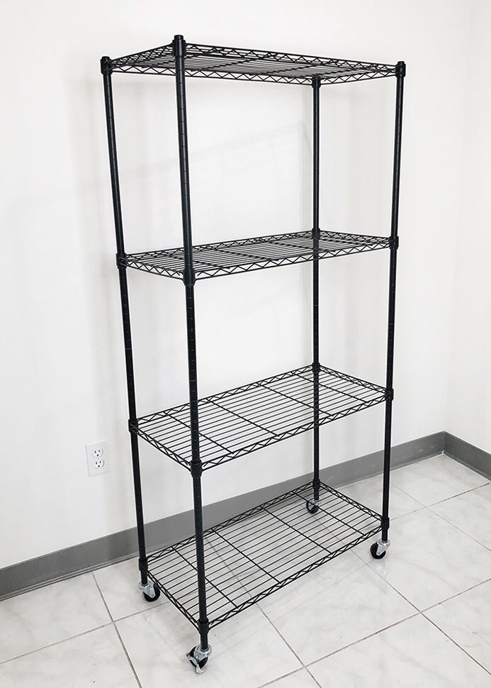 New $50 Metal 4-Shelf Shelving Storage Unit Wire Organizer Rack Adjustable w/ Wheel Casters 30x14x61”