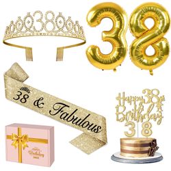 38th Birthday Decorations For Women Gold With 38th Birthday Sash And Tiara, Cake Topper And Candles, Number Balloons, 38 Year Old Gifts For Women Phot