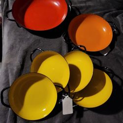 Vintage Huta Silesia Set Of 2 Enameled Nesting Saute Pans & Bowls Made in Poland