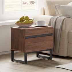 WAMPAT Modern End Table with 2 Drawers, Farmhouse Sofa Table, Wooden Rustic Side Sofa Table with Metal Leg for Living Room, Nighstand for Bedroom, Bro