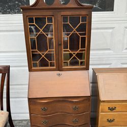 Antique 1940’s circa solid wood tall display curio Cabinet Secretary desk, 3-drawer dresser w/key  claw feet 