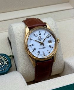 1981 Rolex Oyster Perpetual Date 15037 14k yellow gold 34mm light brown leather band factory skinny white Roman dial yellow gold fluted bezel watch bo