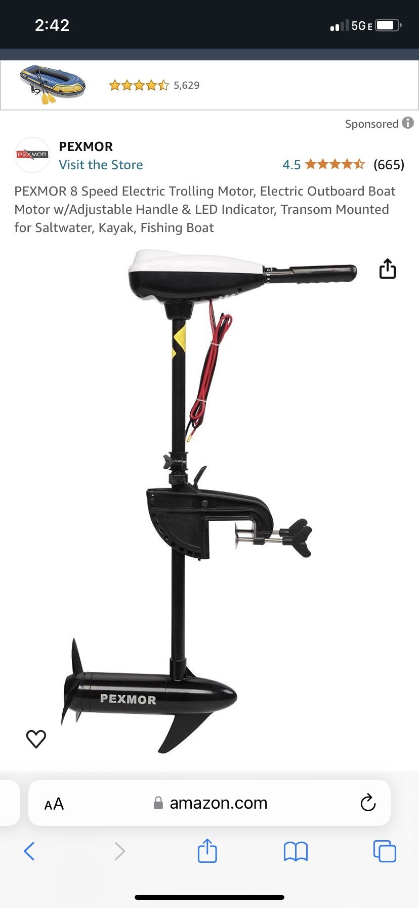 PEXMOR 8 Speed Electric Trolling Motor, Electric Outboard Boat Motor w/Adjustable Handle & LED Indicator, Transom Mounted for Saltwater, Kayak, Fishin