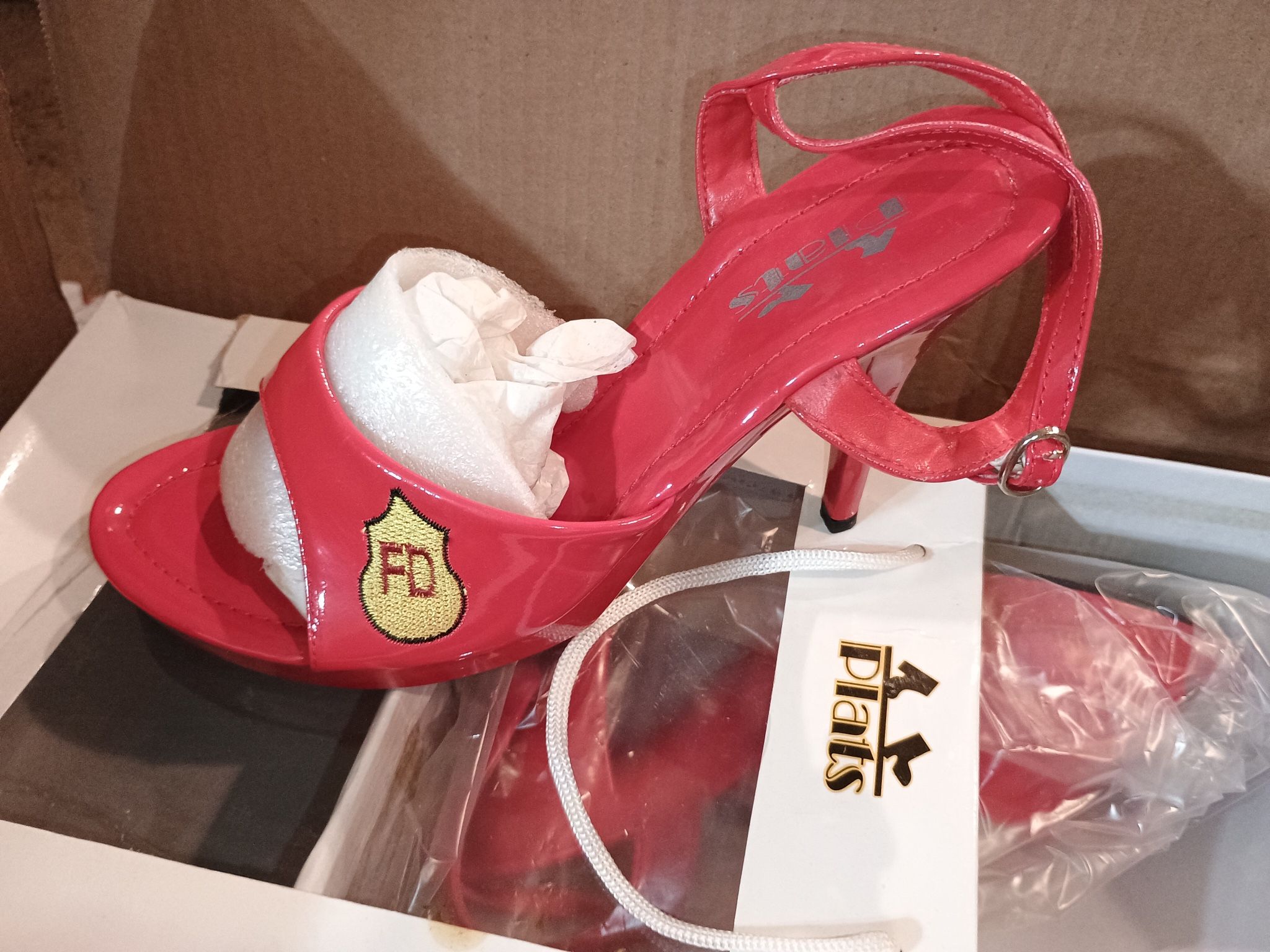 Womens Size 7-8 Medium Red Firefighter Heels Halloween Fire Woman Costume Shoes Sexy NIB New