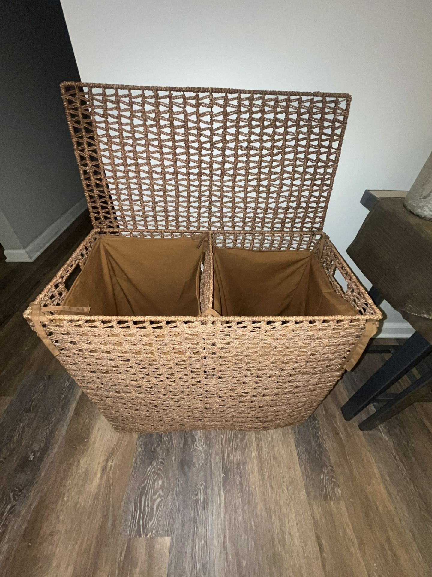 New large double laundry hamper clothes basket woven wicker World market hamper w/ lid size in pictures natural hand woven two sections with machine,