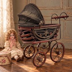 Antique c1900 Victorian Wicker Doll Carriage Pram Iron Wood 15” Original
