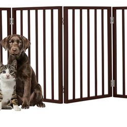 New Pet Gate - 4-Panel Indoor Foldable Dog Fence for Stairs, Hallways, or Doorways - 73x24-Inch Freestanding Dog Gates by PETMAKER (Brown)