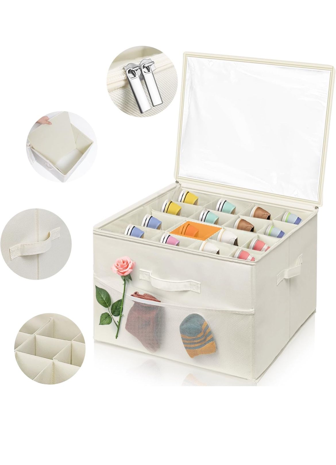 Shoe Organizer for Closet Fits 16 Pairs Foldable Shoe Storage Containers Baskets Oxford Fabric Storage Bins with Clear CoverBox, Beige