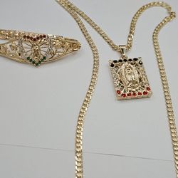 Virgin Mary Religious Set Chain With Bracelet Gold-plated 