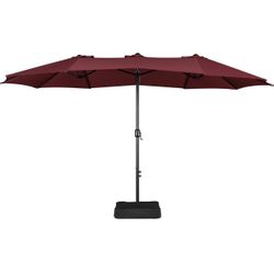 15FT Double-Sided Patio Umbrella w/Base 12 Ribs Vented, Burgundy