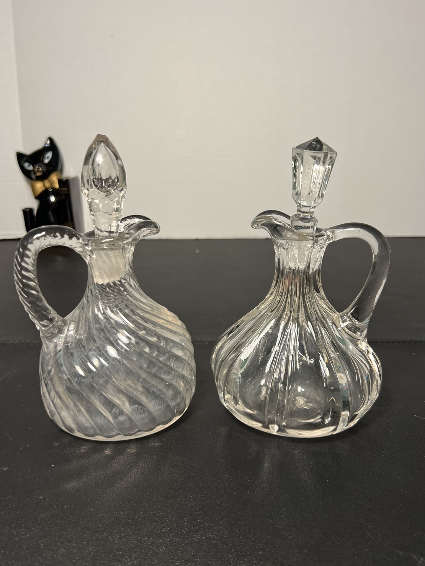 Vintage MCM Crystal Glass Vinegar & Oil Cruets Original Stoppers, 3.5x7”