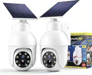 2 Pack 360-Degree Ultra-Bright Solar Light, Dummy CCTV Camera, Outdoor Motion Sensor Spotlight, IP66 Waterproof FloodLights, Wireless Decoy Fake PTZ D