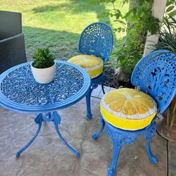 Antique Vintage Cast Iron Blue Patio Set - Two Chairs and Table