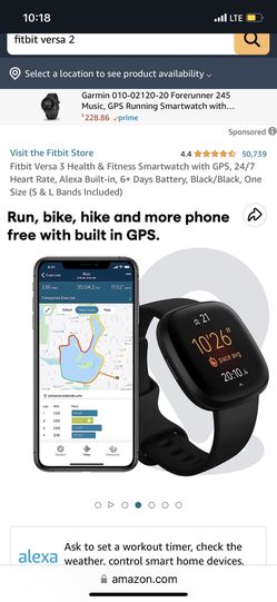 Fitbit Versa 3 Health & Fitness Smartwatch with GPS, 24/7 Heart Rate, Alexa  Built-in, 6+ Days Battery, Black/Black, One Size (S & L Bands Included)