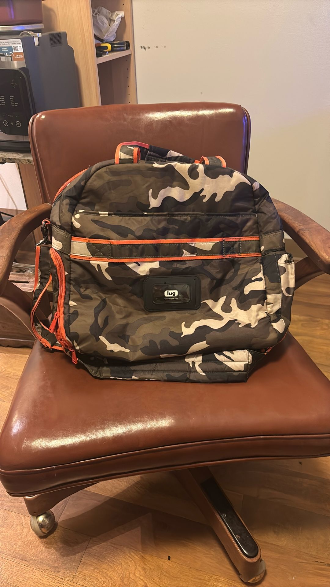 Lug Orange Label Camo print Overnight bag Brown Black Orange 18 x 16 x 8 EUC