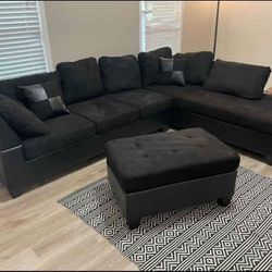 ALL BLACK SECTIONAL & OTTOMAN $625 INCLUDING DELIVERY!!